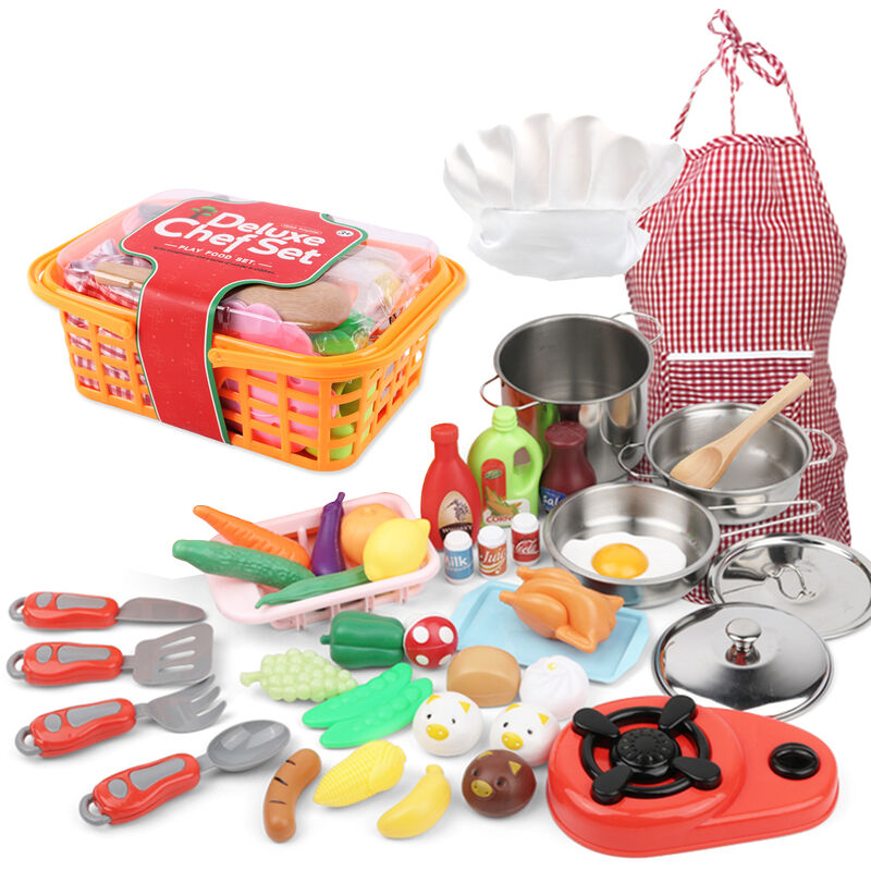 

Asupermall - 42 PCS Juego de cocina Juego de simulacion con delantal de gorro de chef Cocina Juguete Estufa Sarten Cuchara Verduras Frutas Canasta de