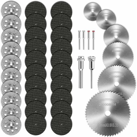42 piezas Mini disco de corte de diamante, 6 mandriles HSS Mini hoja de sierra circular Disco de corte de diamante y disco de corte de resina para madera Plástico Fibra de vidrio Cobre Aluminio 13Thir