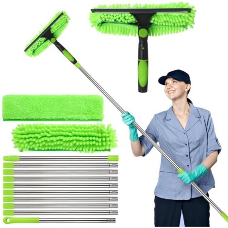 425cm Raclette à Vitres avec Télescopique Manche,3 en1 Nettoyeur Vitre avec Raclette en Silicone et 3 Brosse en Microfibres, Kit de Nettoyage de Vitres Professionnelle pour Fenêtres & Voiture