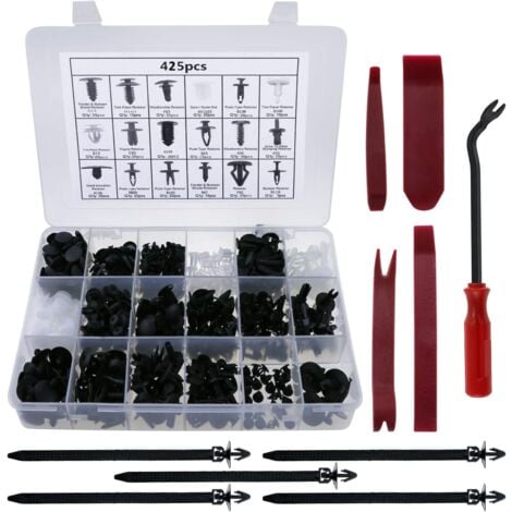 425Pcs Rivet Clips Plastique Rivet Universel Nylon Noir Clips, Rivets Plastiques Fixation De Protection Universel Pour Auto Voitures, Avec Pince De Retrait Et Outil Installation