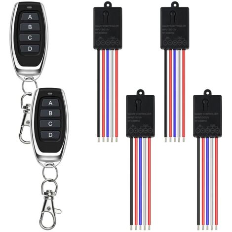 433 MHz RF Wireless Remote Control Switch, 12 V Wireless Lighting Switch, 5 V/12 V/24 V DC 10 A Relay Receiver with 4 Transmitters, 100 m Range, 4-Way Remote Switch for Motors, LED Lights, Gates and D
