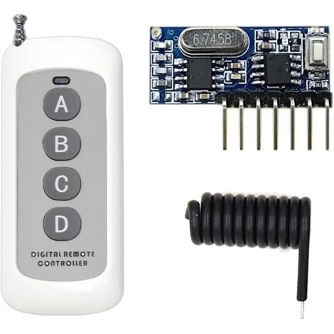 433MHz Funkfernbedienungsschalter Mini Empfänger Eingebauter Lerncode 1527 Dekodierung 4-Kanal Ausgang mit 656FT Fernsteuerung 4-Tasten-Sender Weiß