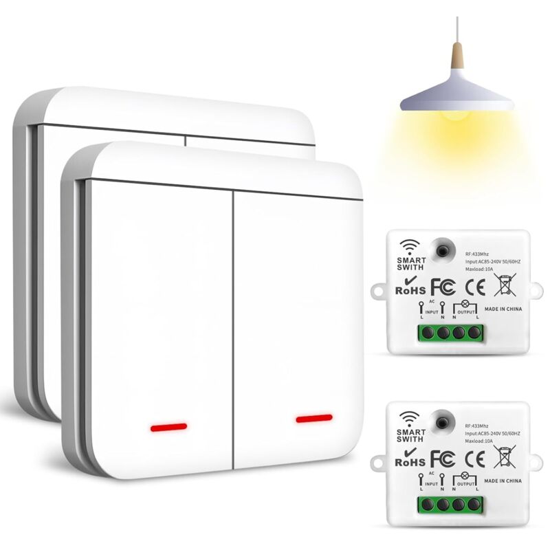 433Mhz Interrupteur D'éclairage Sans Fil, Interrupteur Va et Vient Sans Fil avec Récepteur- 2200W/10A (Kit 2pièce 2 in 1 interrupteurs + 2