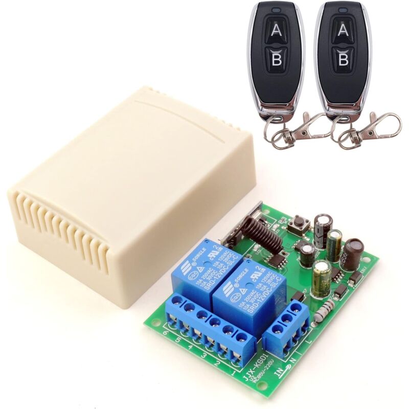 433Mhz RF Commutateur à Distance sans Fil, 2 canaux AC 110V / 220V / 230V / 240V Relais Récepteur avec 2 télécommandes pour Porte de Garage/volet