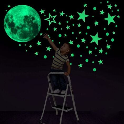 Sticker phosphorescent lumineux - OURSON RÊVEUR ET 50 ÉTOILES - Autocollant  mural plafond enfant fluorescent - 110x130cm
