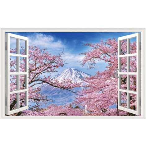 43,5 x 70 cm Simulation Fensteraufkleber - Kirschblüten Schneeberg Wand 3D Landschaft Aufkleber Poster Dekorationen Wohnzimmer Schlafzimmer Heimdekor Haus Landschaft