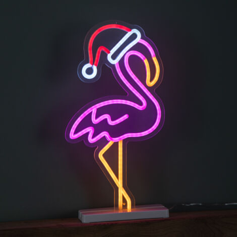 43cm Light up Neon Effect Flamingo with Santa Hat on Base with Multi-Coloured LEDs