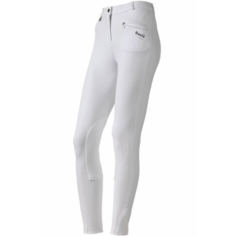 44, Blanc avec genouillères en tissu renforcé 01: Pantalon d'équitation Daslö pour femmes, poids standard, en jersey de coton extensible et empiècements en daim.