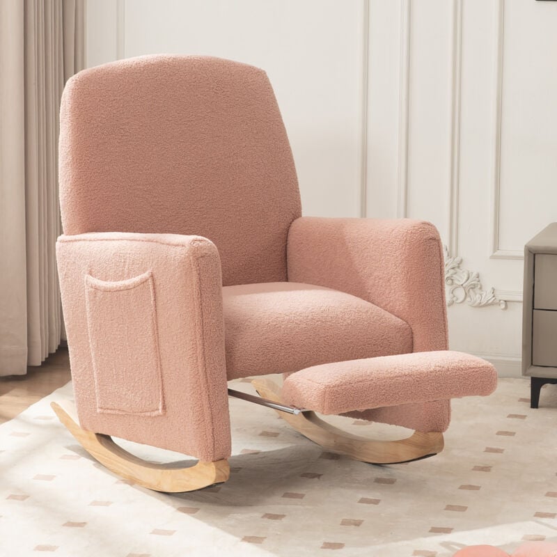 044 Chaise à bascule avec tabouret, chaise de relaxation avec pouf, chaise à bascule d'intérieur avec dossier haut pour salon, tissu en fausse