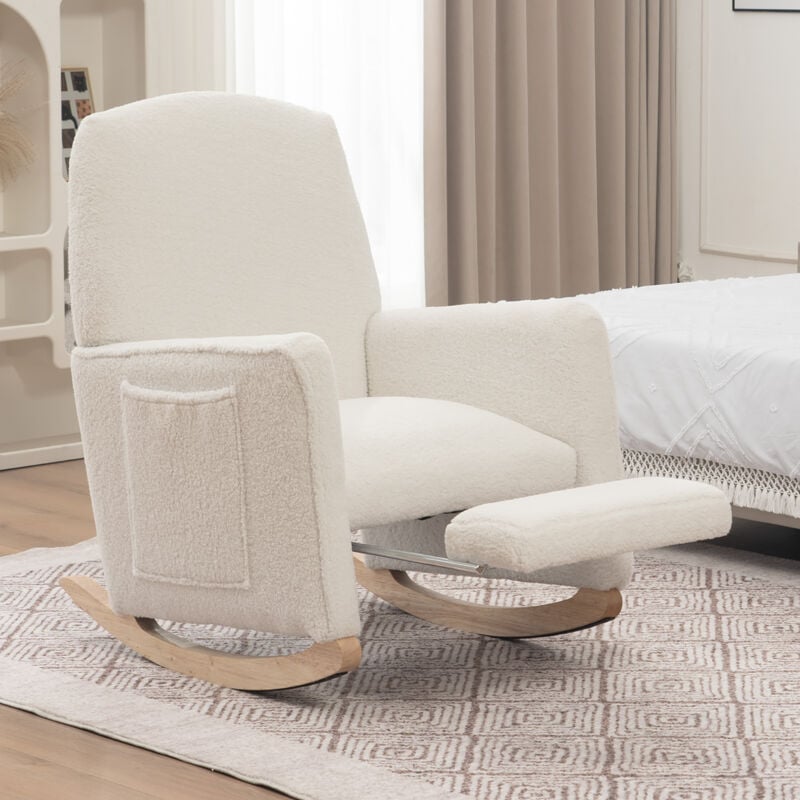 044 Chaise à bascule avec tabouret, chaise de relaxation avec pouf, chaise à bascule d'intérieur avec dossier haut pour salon, tissu en fausse