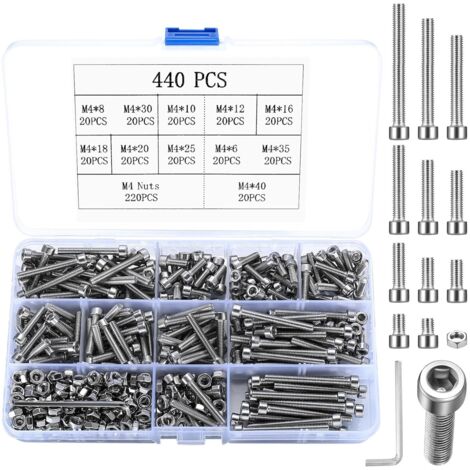 440 Vis à tête creuse M4, Acier inoxydable, Kit avec écrous, Rondelles, 2 Clés, Pour maison et bureau