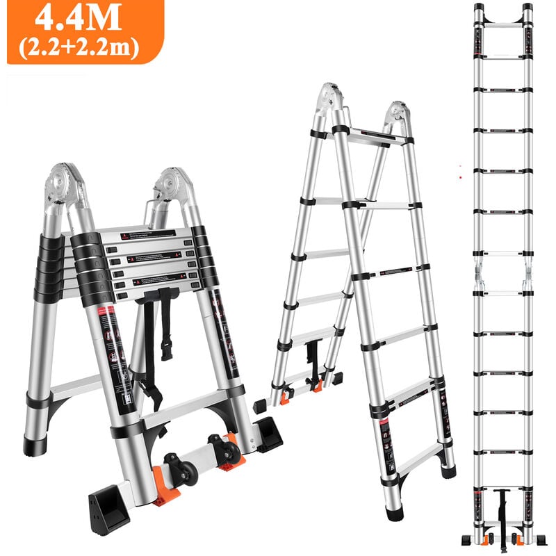 4,4M Échelle Télescopique en Aluminium Pliante avec 2 Roulettes (2,2M + 2,2M) Échelle Escamotable Multifonction Bricolage Pliable Charge 150KG Noir