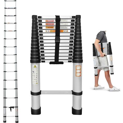 4.4M Extension Attic Ladder Telescopic with Hooks Steps Aluminim Extend 330lbs Max Capacity Mutil Purpose Straght Ladders Safe for Roof Office Home Household Daily Loft Lighweight Portable