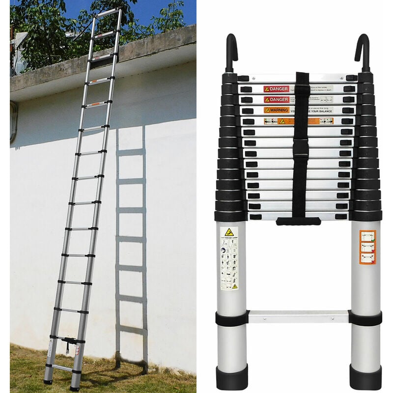 4.4m Telescopic Ladder Extendable Multi-Purpose Aluminum Folding Steps + Hooks