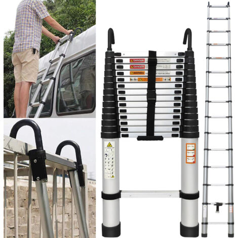 4.4m Telescopic Ladder Extendable Multi-Purpose Extension Folding Steps + Hooks