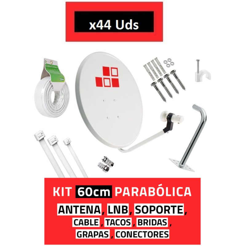 

Pack 44x Kits Antena Parabólica 60cm + LNB + Soporte + Cable