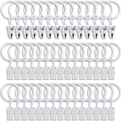 45 anelli per tende con clip - Bianchi, robusti ganci per tende, ganci di fissaggio per aste di tensione, ganci decorativi per tende e telai per finestre con foro in metallo ID