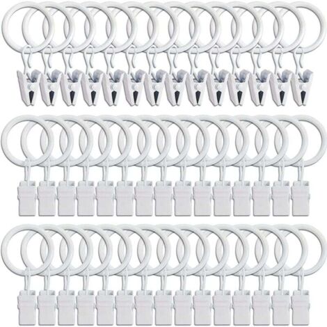45 anillas para cortina con clips, color blanco, resistentes, para sujetar barras de tensión, ganchos decorativos para cortinas con orificios metálicos y marcos de ventanas.