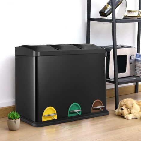 45 Liter Mülleimer mit Deckel, 3-Fach Recyclingeimer, Wertstofftonne, Küchenmülleimer, Treteimer - Schwarz