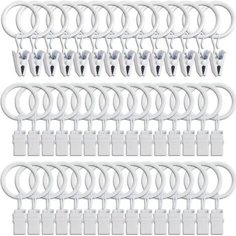 45 Stück Gardinenringe mit Clips - Weiß, solide Gardinenclips, Befestigungshaken für Spannstange, dekorative Haken für Gardinen und Fensterrahmen mit Metallloch I.D.