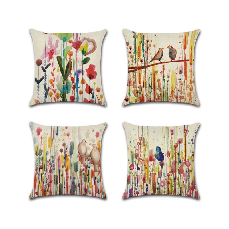 45 x 45 cm, lot de 4 housses de coussin en lin, décorations fleur oiseau de vie pour canapé, jardin extérieur, lit, canapé, voiture
