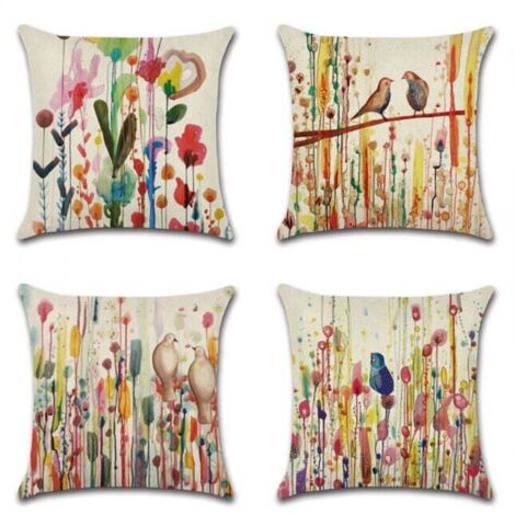 45 x 45 cm, set di 4 federe per cuscini in lino, decorazione floreale con uccelli della vita per divano, giardino, letto, poltrona, auto