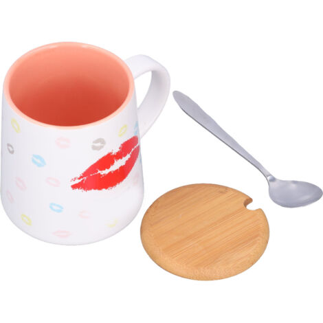 450-ml-Keramikbecher mit Holzdeckel und Löffel, niedliches rosa Design für Kaffee oder Tee, ideal für den täglichen Gebrauch