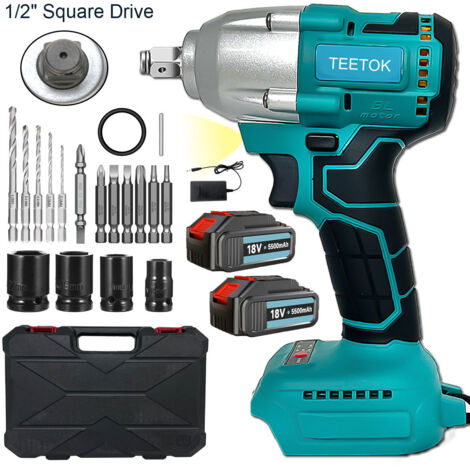 450 Nm 1/2 Zoll bürstenloser kabelloser Schlagschrauber, Bohrmaschine, Ratschenschrauber, 2 x 5,5 A-Batterien, 4 x Stecknüsse, 5 x Bohrmaschine, 7 x Schrauben + Koffer, kompatibel mit Makita-Batterie