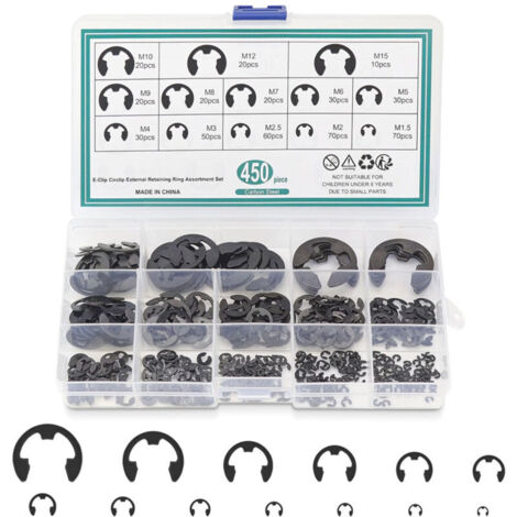 450 pièces de pinces en E, assortiment de bagues de retenue, anneaux de serrage flexibles externes en acier à ressort pour la fixation des poulies d'engrenages de roulement, 13 tailles