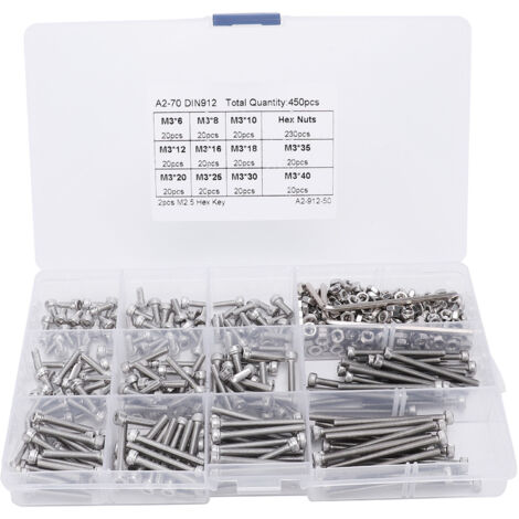 450 pièces Vis à tête cylindrique à six pans creux M3 en acier inoxydable avec clé hexagonale M2.5 - Kit assorti