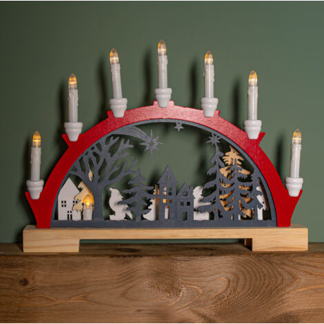 45cm Battery Operated Light up Red Wooden Christmas Candle Bridge with 9 Warm White LEDs