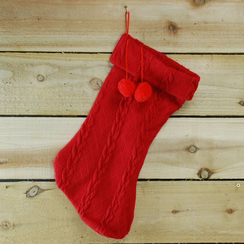 45cm Christmas Knitted Fabric Stocking with Pompoms Decoration