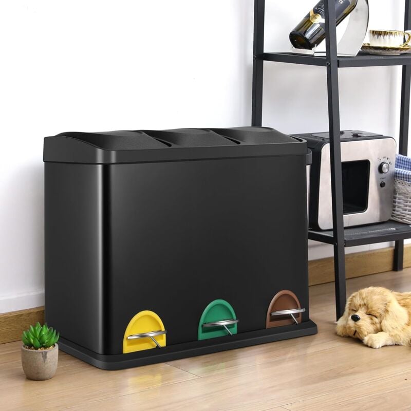 45L (3x15L) Poubelle de Cuisine,Poubelle Tri Selectif 3 compartiments,Poubelle à pédale Inox,Noir