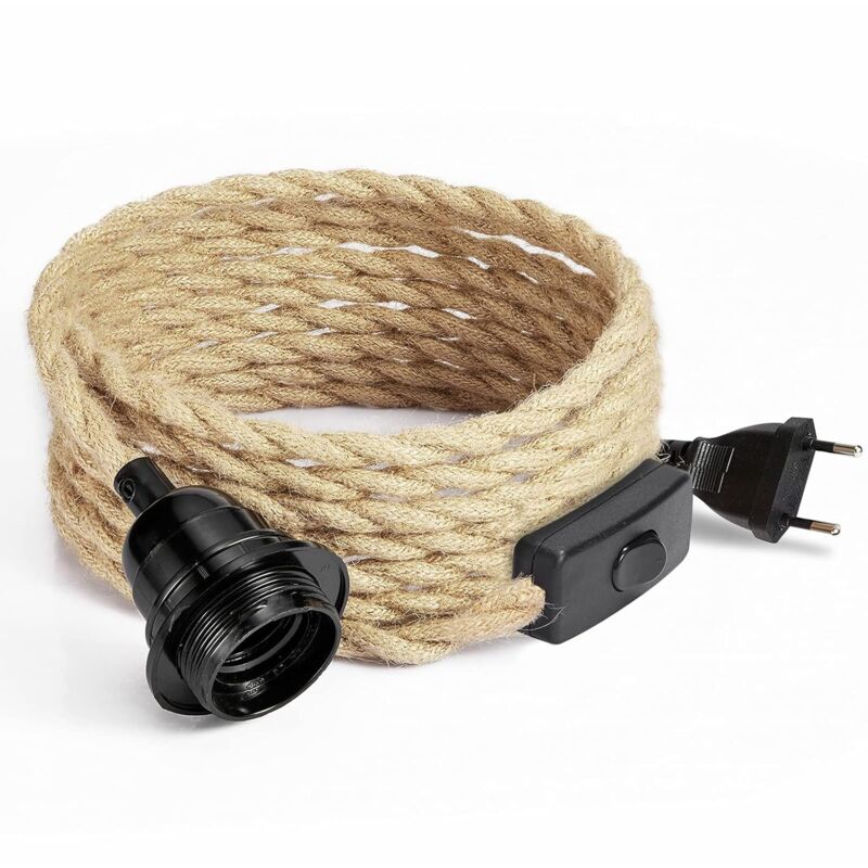 Jusch – Câble électrique en lin 4,5m 2 conducteurs – Douille E27 avec interrupteur – Installation rapide et style rétro pour ampoules vintage