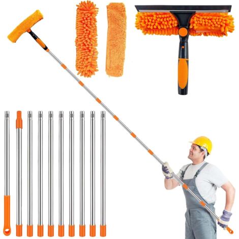 4.5M Nettoyeur de Vitre 3en1 Raclette Vitre Professionnel, Lave Vitre Telescopique avec Raclette en Silicone et Brosse en Microfibres, Nettoyage Vitre pour Fenêtres et Voiture (Orange) (4.5M)