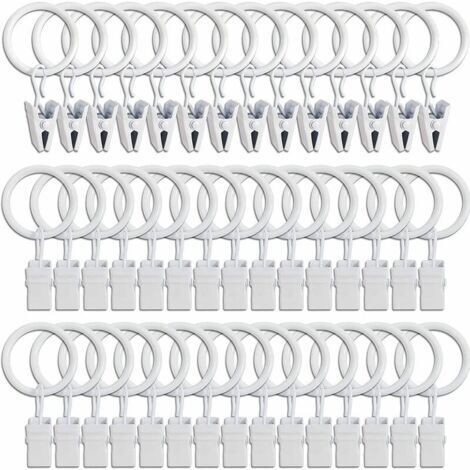 45PCS Anneaux à rideaux avec pinces - blanc, pinces à rideaux solides, crochets de fixation pour tringle de tension, crochets décoratifs pour rideaux et cadres de fenêtres à trou métallique I.D