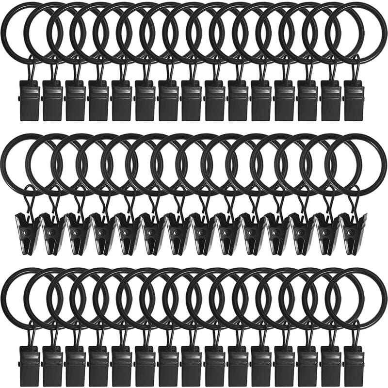 Linghhang - 45PCS Anneaux à rideaux avec pinces - Noir, pinces à rideaux solides, crochets de fixation pour tringle de tension, crochets décoratifs