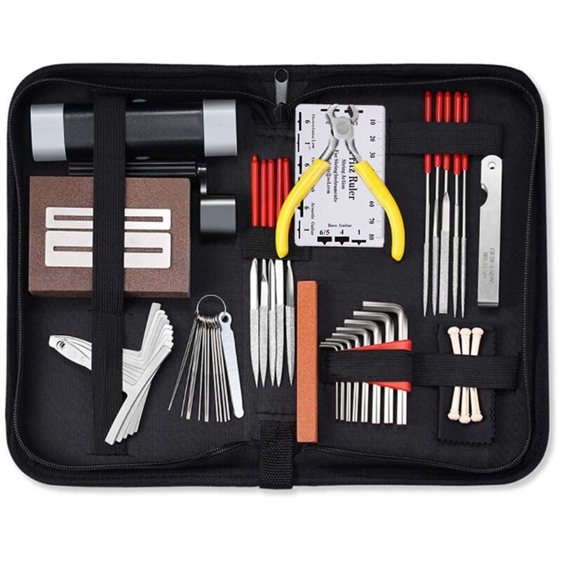 Gotrays - 45pcs Kit de configuration de maintenance de réparation de guitare avec sac de transport, outil d'enroulement de cordes, règle d'action de