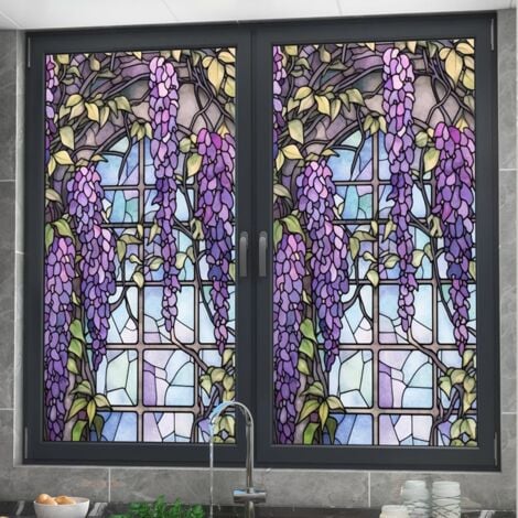 (45x200cm) Floral Pattern Window Film for Stained Glass - UV Blocking - Heat Insulation - Purple Pattern - for Window Decoration -