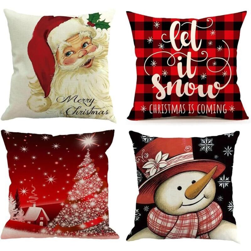 45x45 Lot de 4 Deco Noël Housses de Coussins père Noël Lin Décoratif Taie d'oreiller pour Intérieur Decoration Noel Maison Canapé Cadeau de Vacances