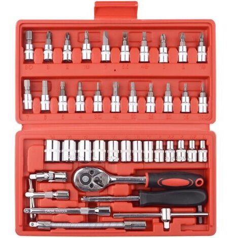 46 pcs 1/4 Pouce Jeu de Douilles, Outil de Reparation de Voiture, Outils de Cle combinee dynamometrique a cliquet