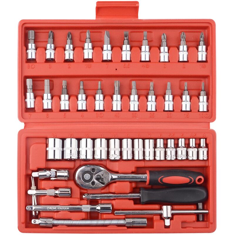 46 pcs 1/4 Pouce Jeu de Douilles, Outil de Reparation de Voiture, Outils de Cle combinee dynamometrique a cliquet