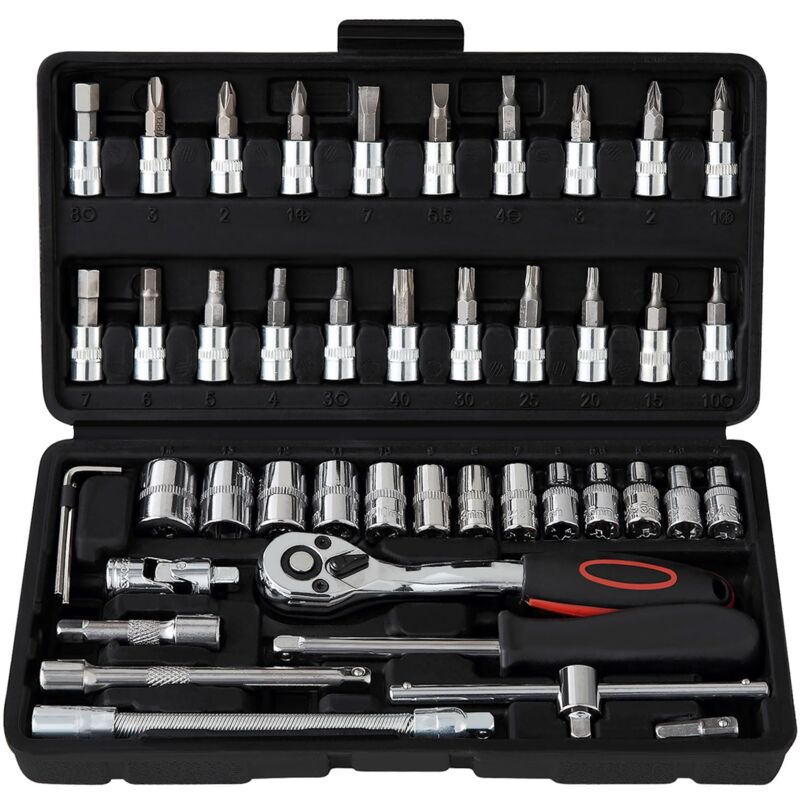 46 pcs Cr-V Kit de Cle plate a cliquet et Clé à douille,Clé à Cliquet 1/4' 72 dents,Clé plate à cliquet avec Boite a outils