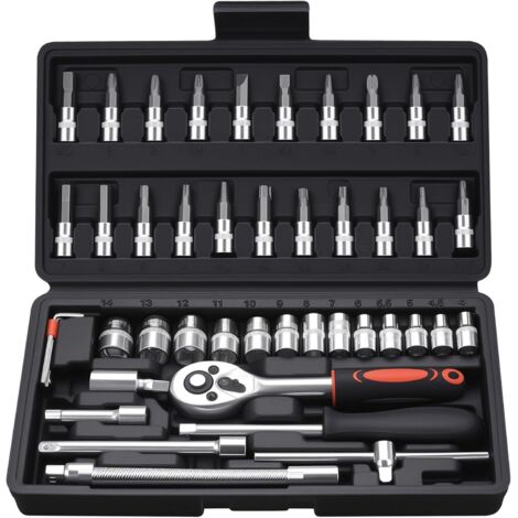 46-piece 1/4" socket set - Ratcheting case - Multi-tooth bit set - With quick-release and reversible ratchet for car and home repairs