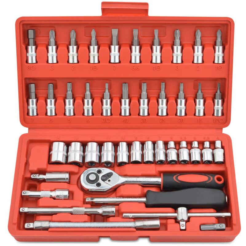 46 Pièces 1/4'' pouce Clé à Douille et Embouts Bits Métrique Ensemble Tiges d'Extension Flexibles avec Clé À Cliquet Réversible pour Moteur, Vélo,