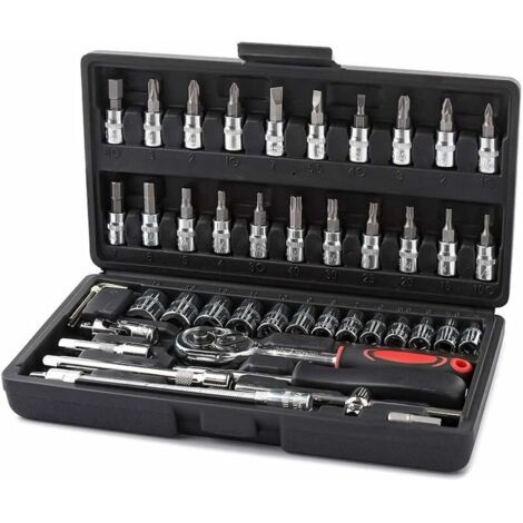 46 pièces. Chrome Vanadium 1/4" Jeu de douilles Jeu d'adaptateurs Boîte de prises de voiture DIY - RW