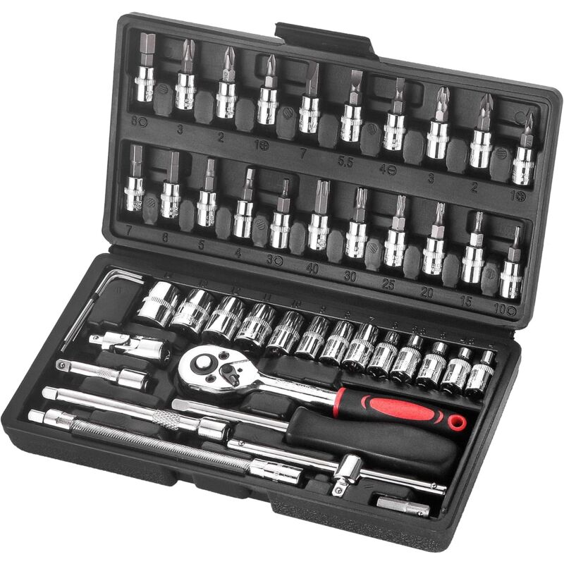 46 pièces Jeu de Douille Chrome Vanadium 1/4' Adaptateur Jeu Coffret Douille pour Voiture Bricolage