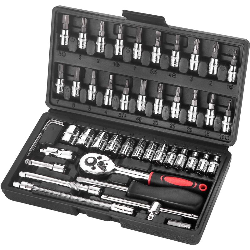 46 pièces Jeu de Douille Chrome Vanadium 1/4' Adaptateur Jeu Coffret Douille pour Voiture Bricolage