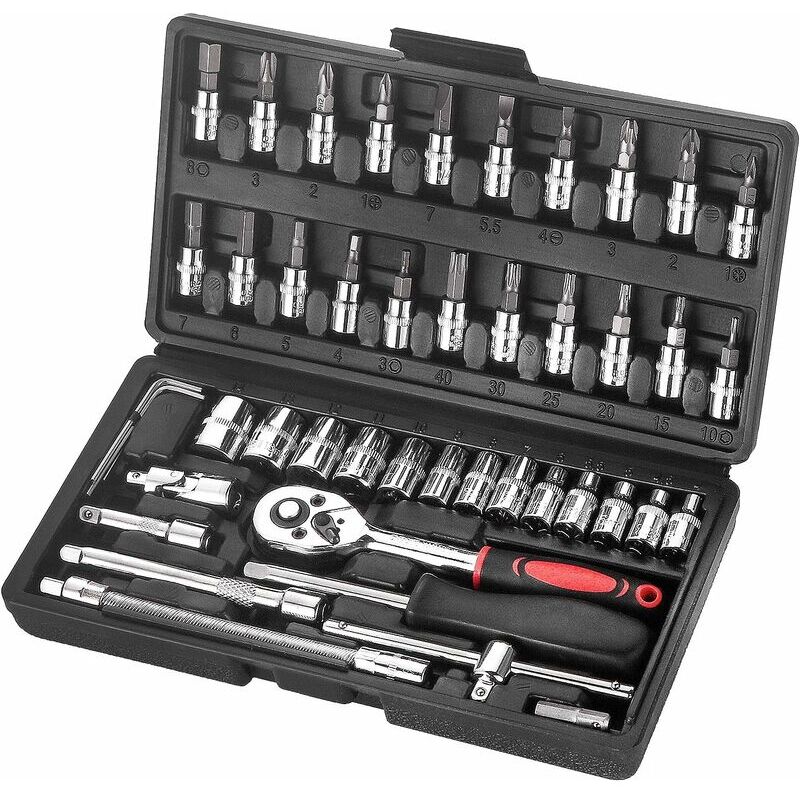 46 pièces Jeu de Douille Chrome Vanadium 1/4 Adaptateur Jeu Coffret Douille pour Voiture Bricolage