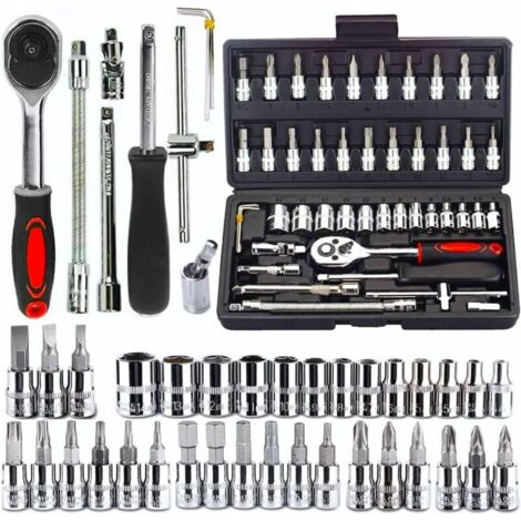 46 Pièces Kit de Prise et Clé - 34 Embouts et Tournevis pour Douille 1/4'' - Avec Tiges D'Extension, Cliquet Réversible À Dégagement Rapide, Poignée - Pour Réparation Automobile